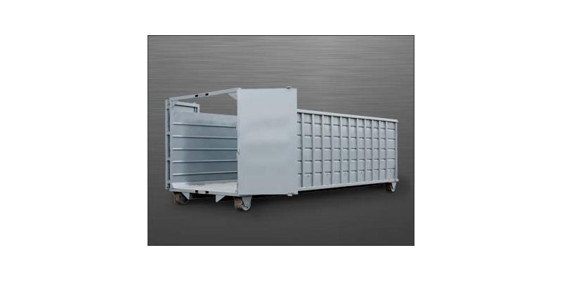 Rectangular Roll Off  container with open gates on gray background