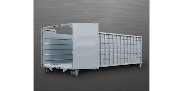 Rectangular Roll Off  container with open gates on gray background